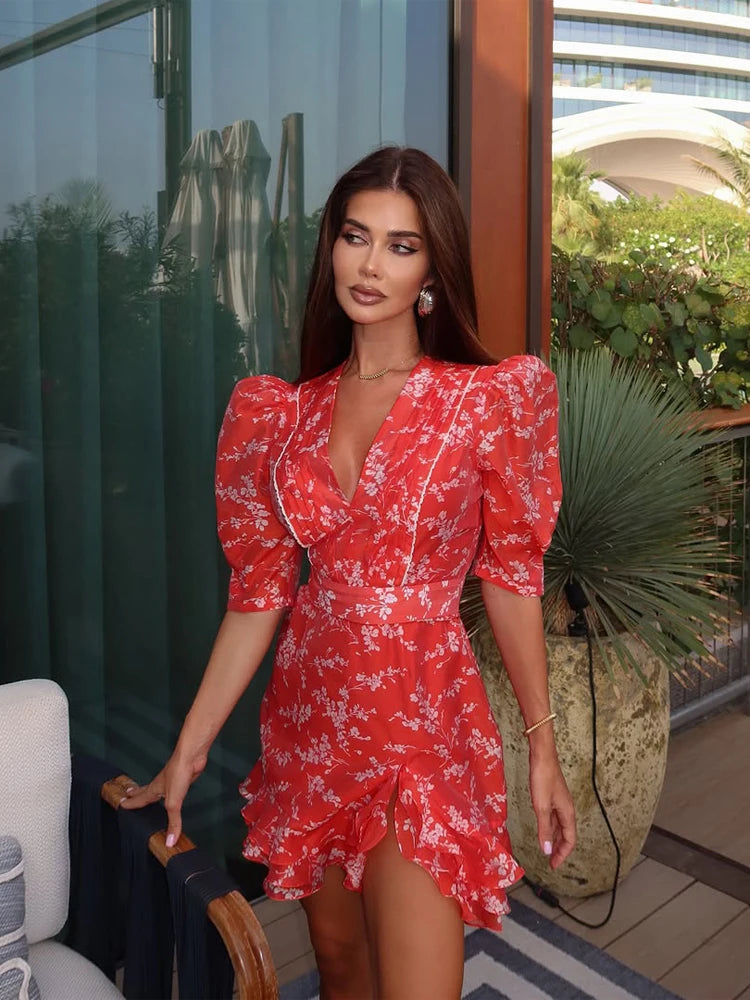 Red Floral Puff Sleeve Mini Dress