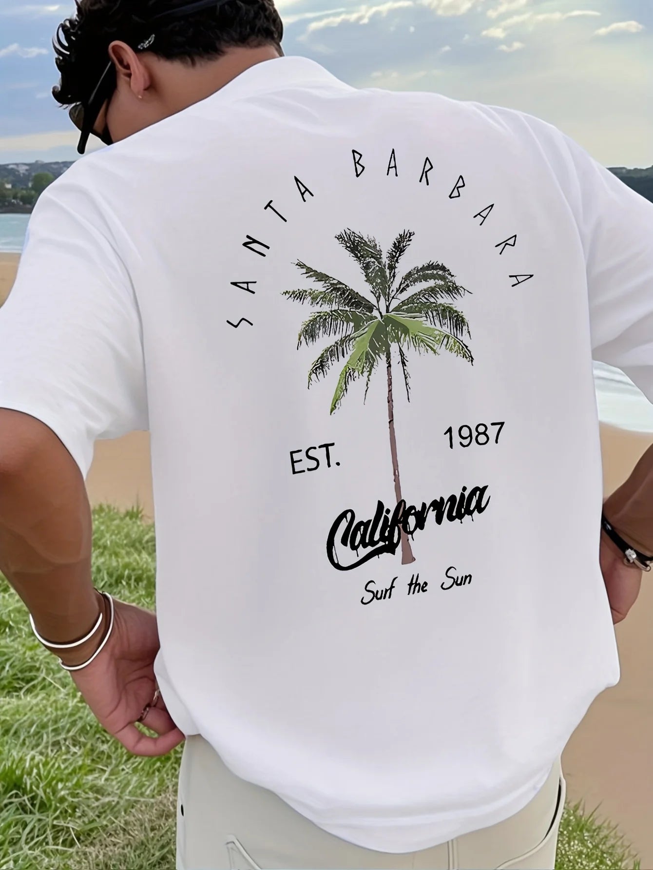 New Men's Vacation Coconut Tree Letter Printed Comfortable Breathable Round Neck T-shirt Summer Outdoor Casual Top