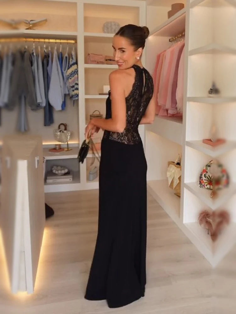 Black Lace Halter Maxi Dress