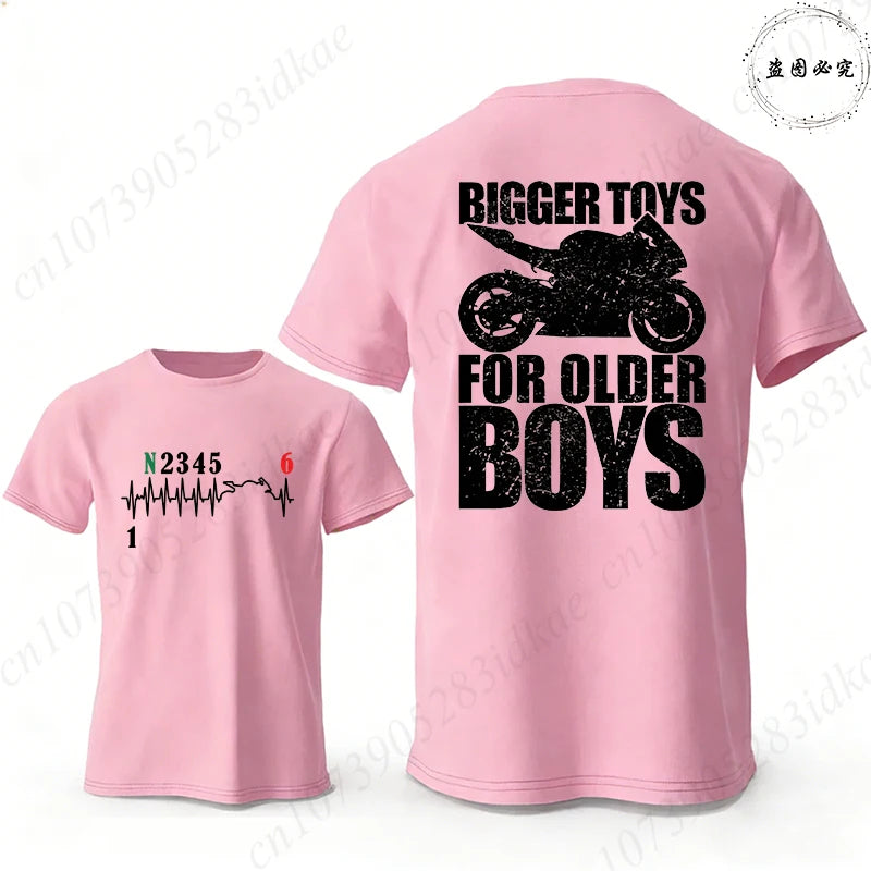Bigger Toys for Older Boys Letter Graphic, Motorcycle Gear Shift Heartbeat Pattern Summer Short Sleeve Tees for Men's Bikers