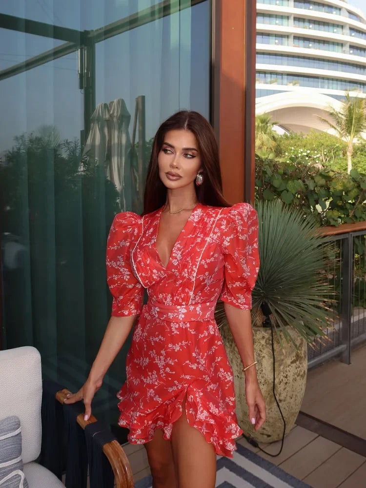 Red Floral Puff Sleeve Mini Dress