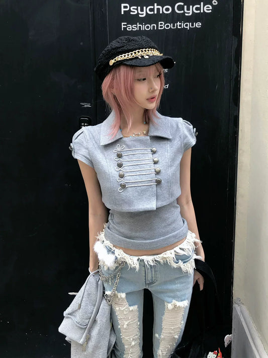 Fashionable American retro Y2K 2026 new Napoleon style short-sleeved lapel shirt t-shirt short-sleeved summer new women's item
