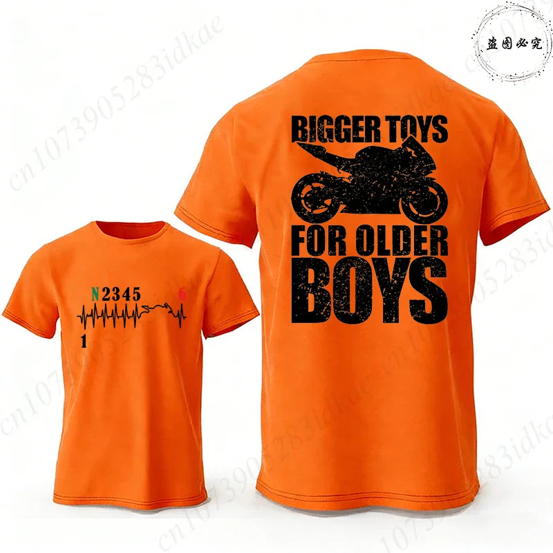Bigger Toys for Older Boys Letter Graphic, Motorcycle Gear Shift Heartbeat Pattern Summer Short Sleeve Tees for Men's Bikers
