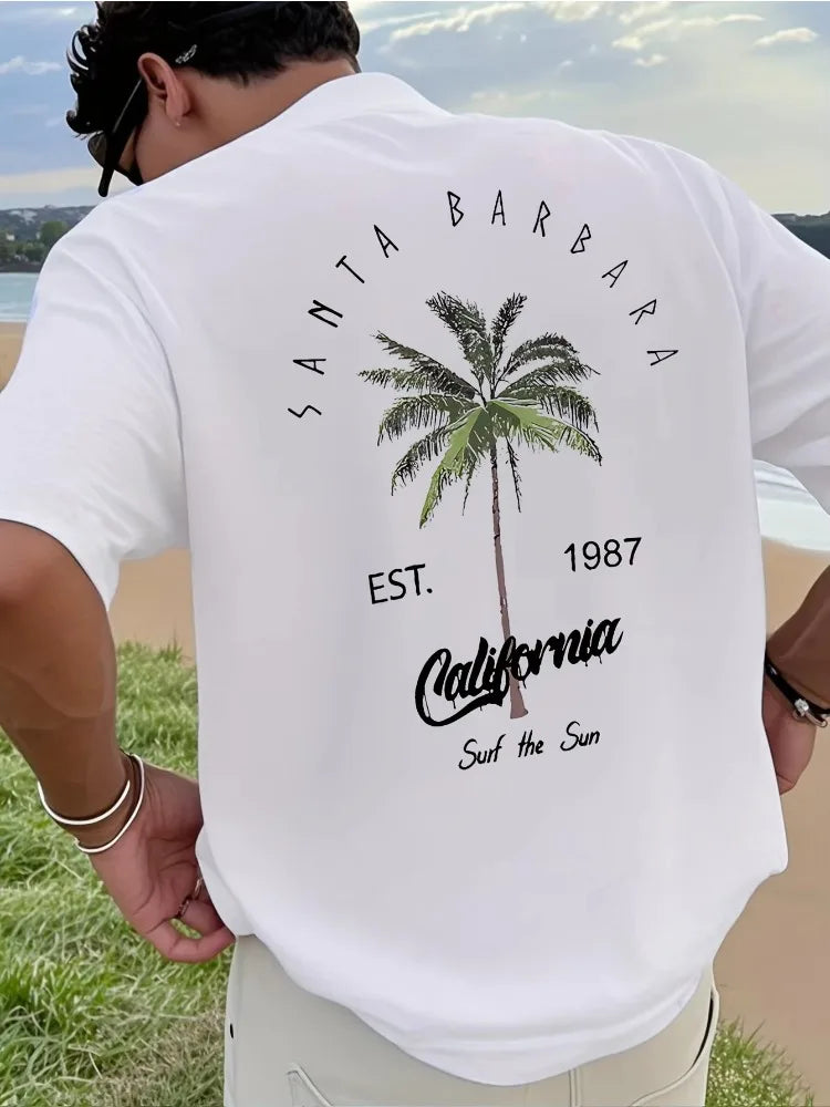 New Men's Vacation Coconut Tree Letter Printed Comfortable Breathable Round Neck T-shirt Summer Outdoor Casual Top