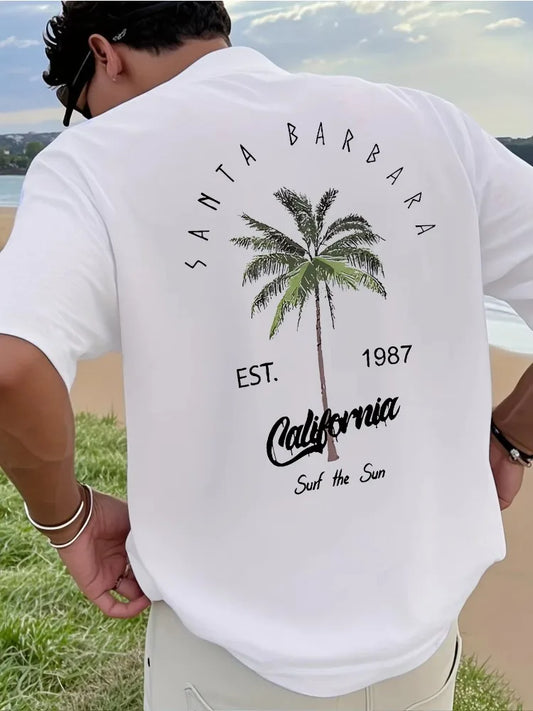 New Men's Vacation Coconut Tree Letter Printed Comfortable Breathable Round Neck T-shirt Summer Outdoor Casual Top