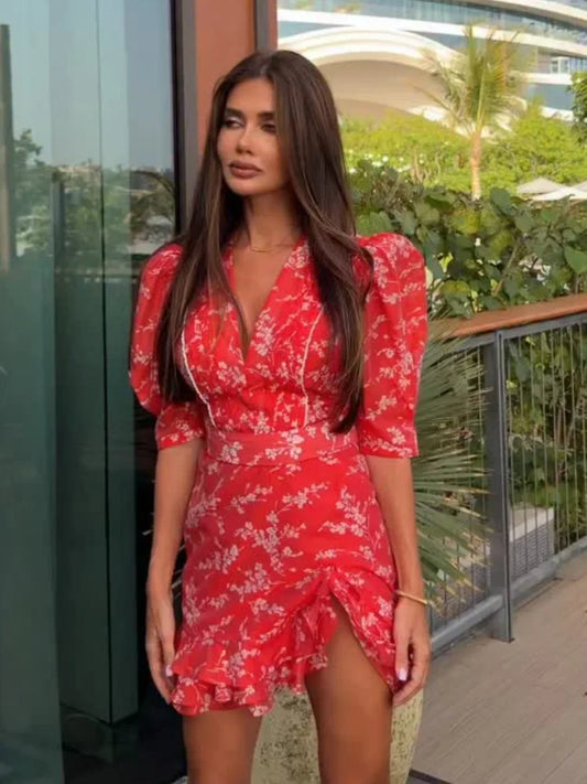 Red Floral Puff Sleeve Mini Dress