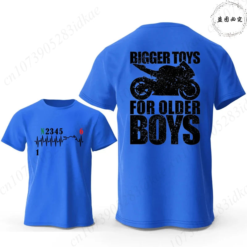 Bigger Toys for Older Boys Letter Graphic, Motorcycle Gear Shift Heartbeat Pattern Summer Short Sleeve Tees for Men's Bikers