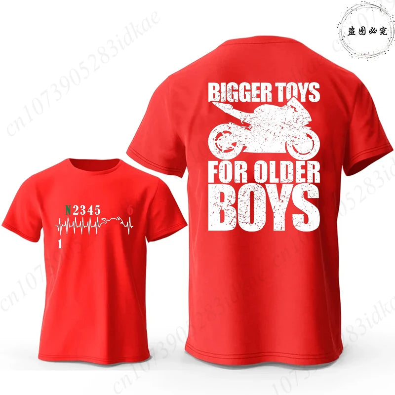 Bigger Toys for Older Boys Letter Graphic, Motorcycle Gear Shift Heartbeat Pattern Summer Short Sleeve Tees for Men's Bikers