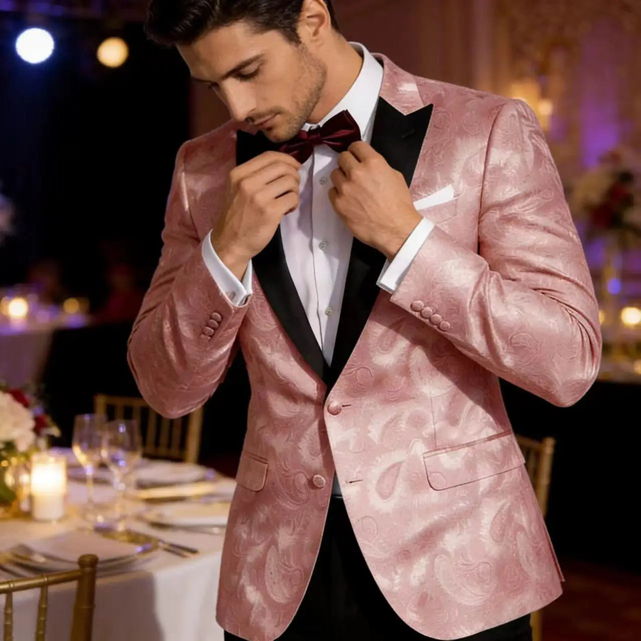 Men's Pink Paisley Tuxedo Blazer Black Satin Lapel 2 Button Formal Jacket Wedding Party Prom Suit Coat Plus Size