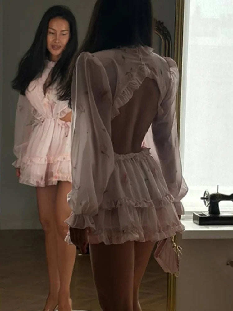 Pink Floral Backless A-Line Mini Dress