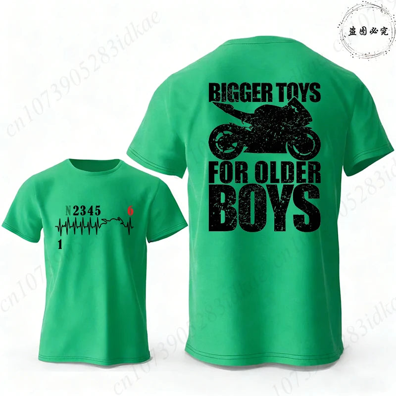Bigger Toys for Older Boys Letter Graphic, Motorcycle Gear Shift Heartbeat Pattern Summer Short Sleeve Tees for Men's Bikers