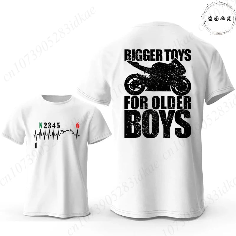 Bigger Toys for Older Boys Letter Graphic, Motorcycle Gear Shift Heartbeat Pattern Summer Short Sleeve Tees for Men's Bikers