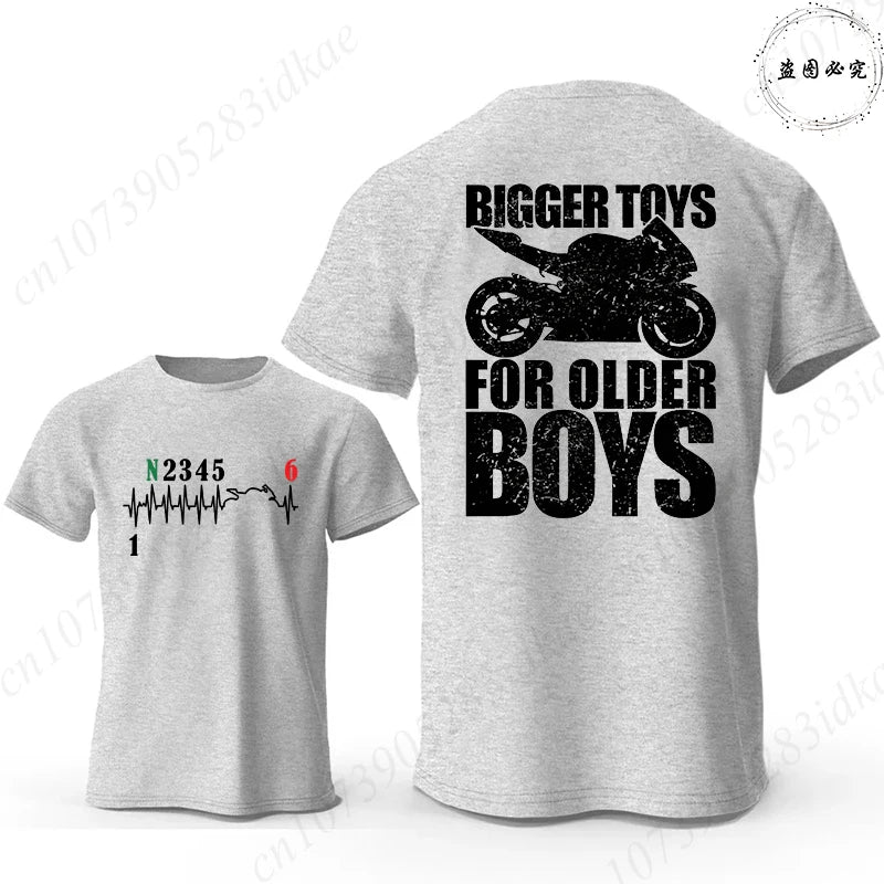 Bigger Toys for Older Boys Letter Graphic, Motorcycle Gear Shift Heartbeat Pattern Summer Short Sleeve Tees for Men's Bikers
