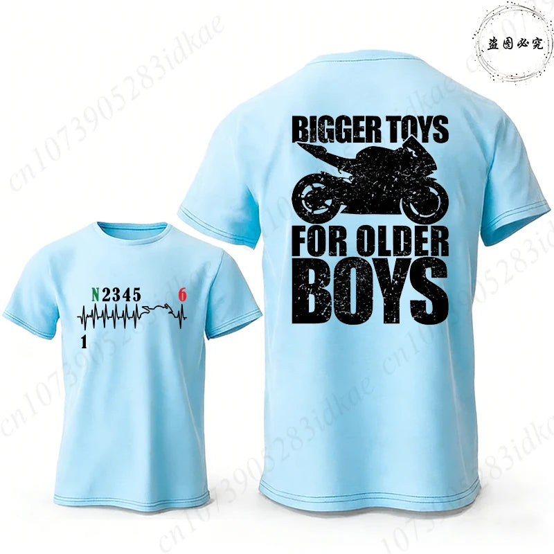 Bigger Toys for Older Boys Letter Graphic, Motorcycle Gear Shift Heartbeat Pattern Summer Short Sleeve Tees for Men's Bikers