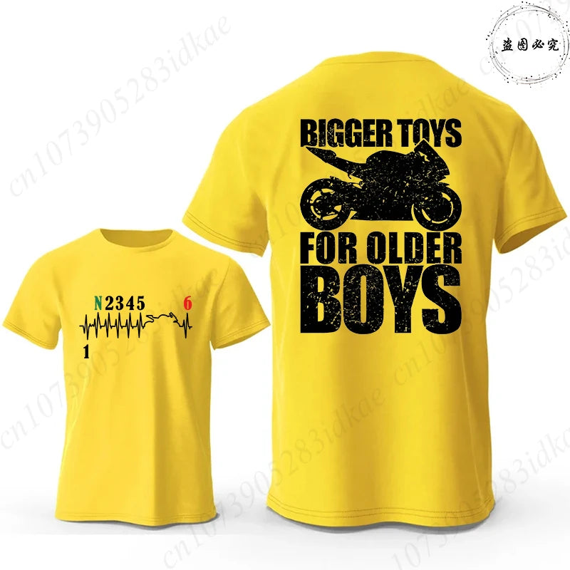 Bigger Toys for Older Boys Letter Graphic, Motorcycle Gear Shift Heartbeat Pattern Summer Short Sleeve Tees for Men's Bikers