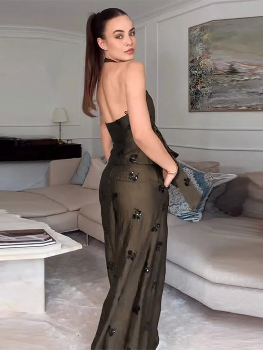Sequin Halter Top & Wide-Leg Pants Set