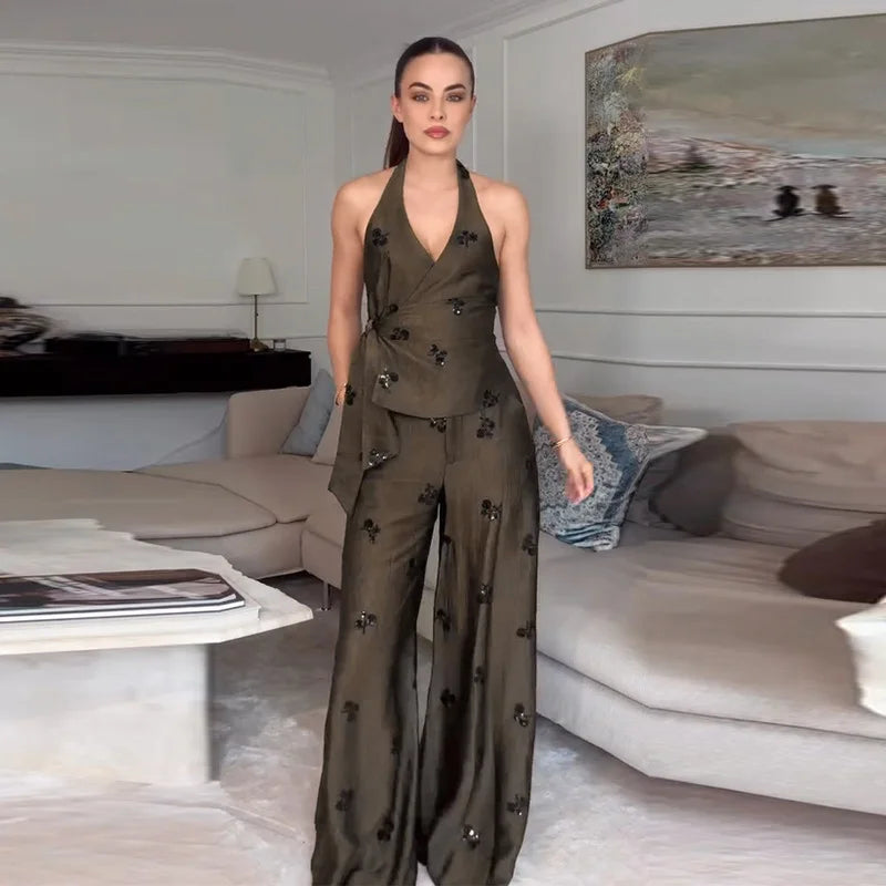Sequin Halter Top & Wide-Leg Pants Set