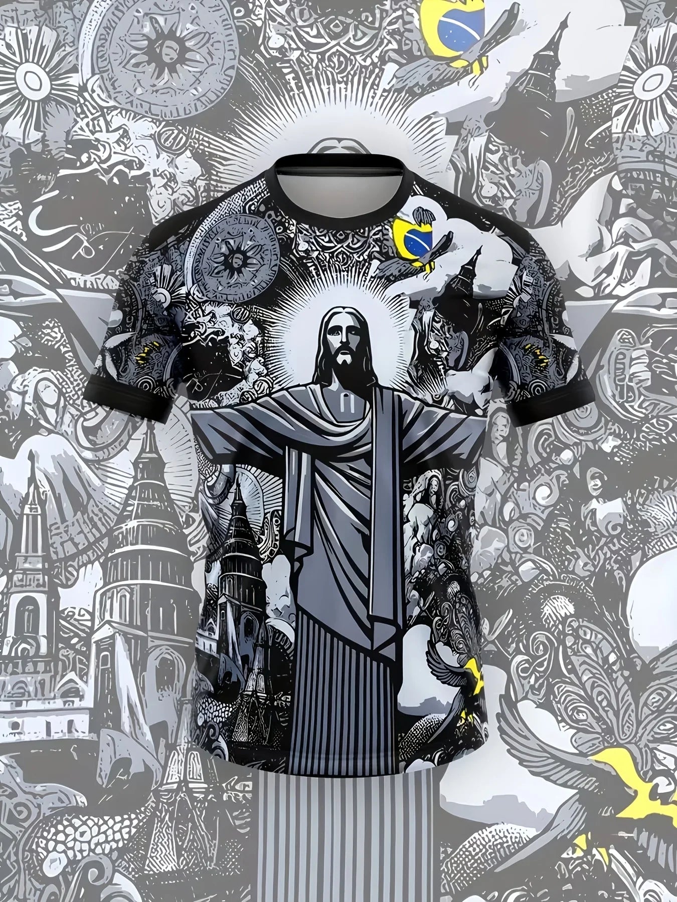 Mens Oversized Brazil Christ the Redeemer Graphic Print Short Sleeve T Shirt Casual Streetwear Top for Daily Wear