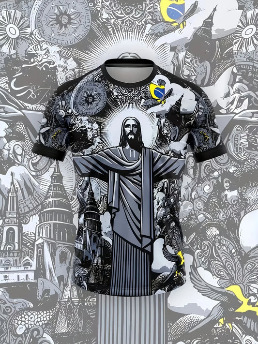 Mens Oversized Brazil Christ the Redeemer Graphic Print Short Sleeve T Shirt Casual Streetwear Top for Daily Wear