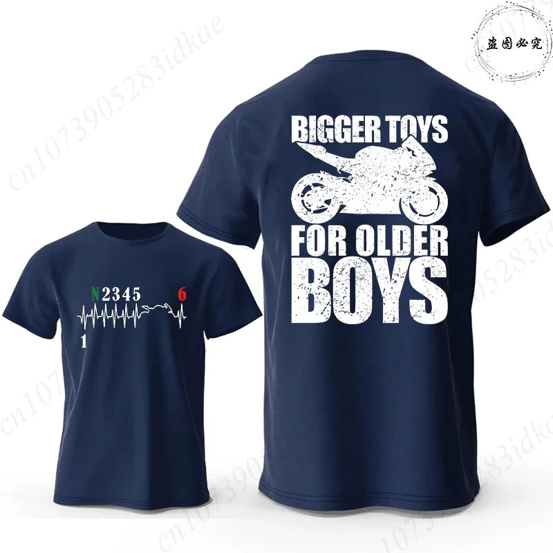 Bigger Toys for Older Boys Letter Graphic, Motorcycle Gear Shift Heartbeat Pattern Summer Short Sleeve Tees for Men's Bikers