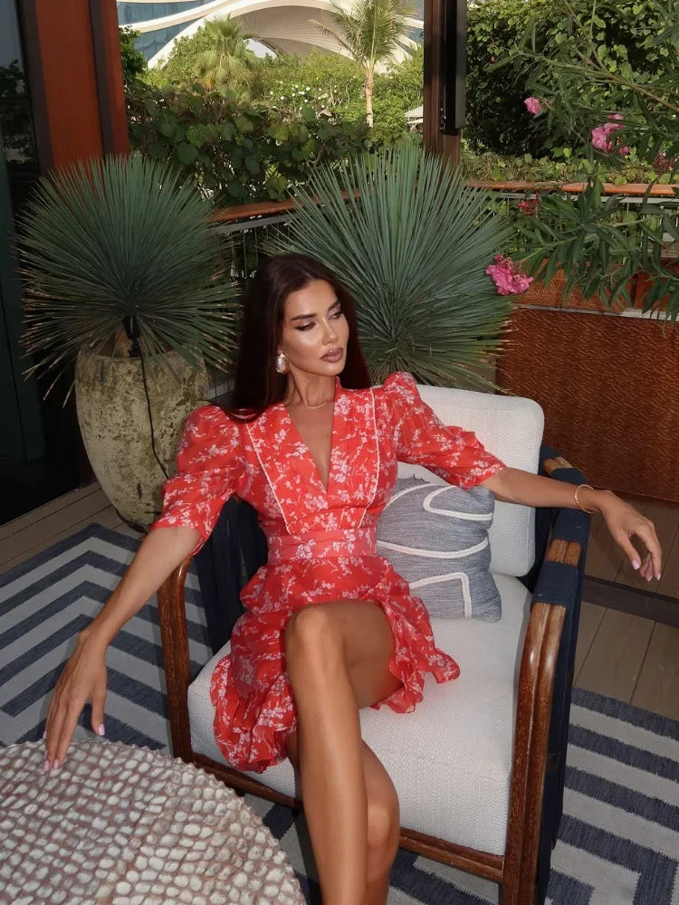 Red Floral Puff Sleeve Mini Dress